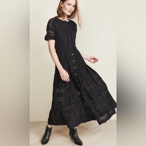 LOVE SHACK FANCY Black Edie Cotton Poplin Lace Button-Down Shirt Dress S B1670
